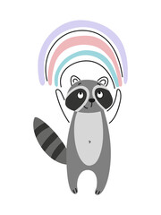 Cute smiling animal. Raccoon with rainbow in hand drawn style. Doodle outline print with character for kids party or package design. Cartoon flat vector illustration isolated on white background