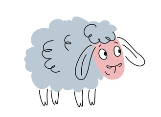 Outline cute animal. Funny linear sheep with white fluffy fur in hand drawn. Doodle farm character for packaging and wrapping design. Cartoon flat vector illustration isolated on white background
