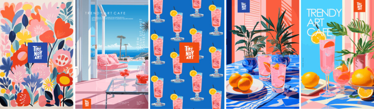 Trendy art summer cafe. Vector illustration of a pink cocktail, veranda interior, still life and table with oranges and drinks and floral pattern for poster, background or menu
