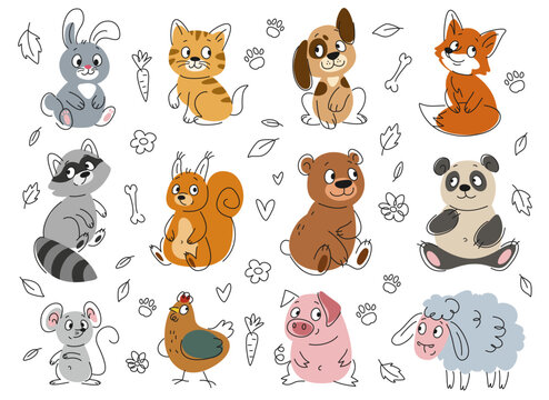 Outline cute animals set. Linear fox, bear, cat, dog, hare, squirrel, pig and sheep. Doodle print with mammals and birds for kids wrap design. Cartoon flat vector isolated on white background