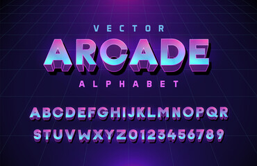 Fototapeta na wymiar Vector arcade premium alphabet in purple violet blue colors. Vector 3d font. Text elements based on retrowave, synthwave, videogame graphic styles. Typeface based on 80s, 90s and y2k