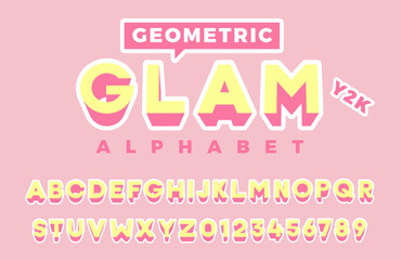 Geometric glam vector premium alphabet. 3D flat pink and yellow pastel color font. Text elements based on 90s and y2k comic, cartoon and sticker graphic styles