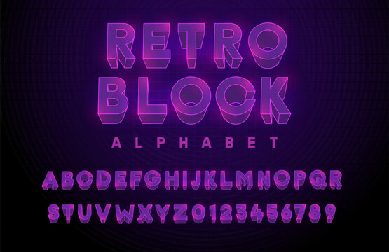 Retro block premium alphabet in purple violet colors. Vector 3d neon font. Text elements based on retrowave, synthwave, videogame graphic styles. Typeface based on 80s, 90s and y2k