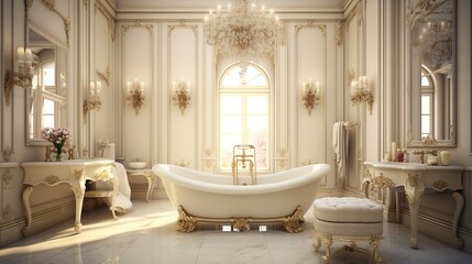 Chandelier Antique Bathroom Interior and Mirror. Generative AI