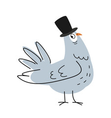 Funny outline dove. Outline cute white pigeon in top hat stands proudly. Sketchy doodle with city bird for postcard or wrap design. Cartoon flat vector illustration isolated on white background