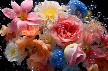 "Rêves en Fleurs" : Des fleurs aux couleurs chatoyantes qui s'envolent comme des bulles, laissant derrière elles une traînée de couleurs.