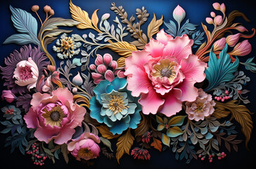 "Le Tapis Floral" : Un tapis abstrait composé de motifs floraux complexes et colorés, semblant s'étendre à l'infini.
