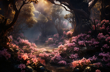 La Forêt Ensorcelée" : Une forêt abstraite où les arbres se transforment en fleurs, créant un paysage féerique.