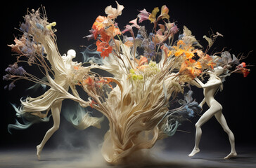 "La Danse Botanique" : Une scène abstraite où des fleurs et des plantes semblent danser en harmonie, créant un spectacle émouvant voir envoûtant.

