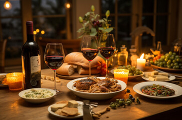 "Dinner with Friends": Un dîner joyeux avec des amis autour d'une table remplie de plats savoureux et de vin.
