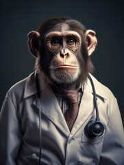 An Anthropomorphic Chimpanzee Dressed Up as a Doctor in a Hospital