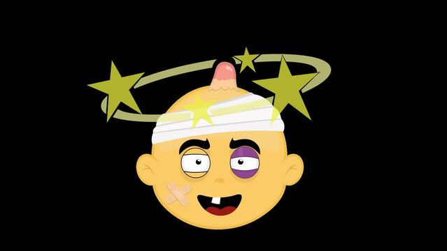 video animation face emoticon cartoon character yellow, hurt, a black eye, with a bump and stars spinning on the head. On a transparent background with zero alpha channel