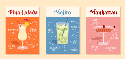 Set of cocktail recipes vector concept