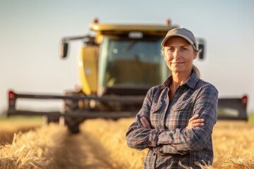 Proud attractive female farmer standing in front of agricultural machinery