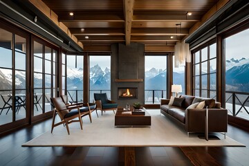 modern interior in a cozy and rustic cabin nestled in the snowy mountains, wooden beams on the ceiling, a crackling fireplace, plush fur rugs, vintage leather armchairs, and large windows providing br - obrazy, fototapety, plakaty
