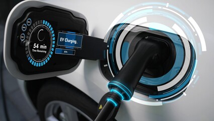 Closeup EV charger plug into electric car for electric recharging from electric charging station...