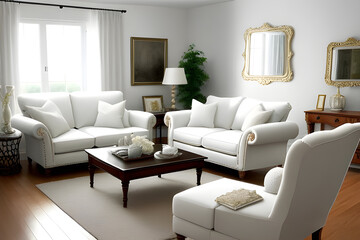 Beautiful cozy living room with a armchair and a soft sofa in White colors. Generative AI