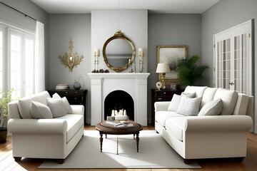 Beautiful cozy living room with a armchair and a soft sofa in White colors. Generative AI