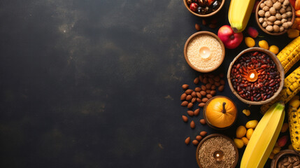 Obraz na płótnie Canvas Fruits Nuts and Grains on a Dark Blue Background Healthy Food and Nutrition Theme AI Generative