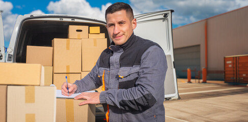 Male courier. Delivery man with minivan. Guy courier makes notes. Delivery person takes orders from warehouse. Courier in gray uniform smiles. Delivery man picks up parcels from warehouse