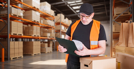 Man warehouse contractor. Factory storage manager. Product storage area. Clipboard man thought....