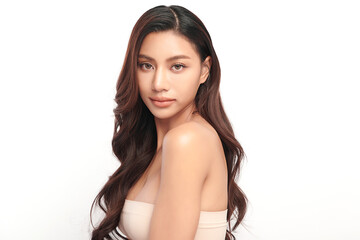 Naklejka premium Beautiful young asian woman with clean fresh skin on white background, Face care, Facial treatment, Cosmetology, beauty and spa, Asian women portrait.