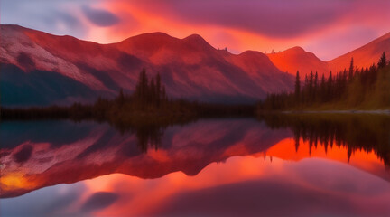 Fototapeta na wymiar fiery sunset cascading over the snow-capped peaks of the mountain range.