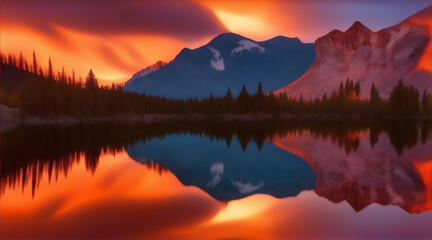 Naklejka na ściany i meble fiery sunset cascading over the snow-capped peaks of the mountain range.
