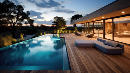 A beautiful, expensive, luxury villa with a large outdoor pool in the evening at sunset. Generative AI
