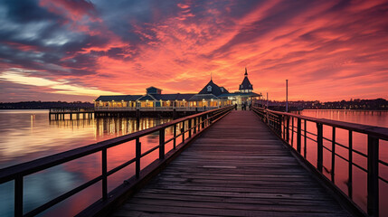 Fototapeta premium a beautiful jetty on the water next to a small harbor in the evening in the blue hour. Generative AI