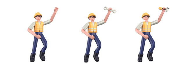 Construction worker in various poses. Labor Day. 3d illustration isolated on white background.