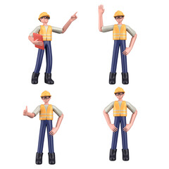Fototapeta premium Construction worker in various poses. Labor Day. 3d illustration isolated on white background.