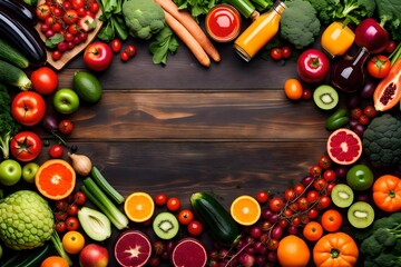 Panoramic food background with assortment of fresh fruits and vegetables juices in rainbow colors 