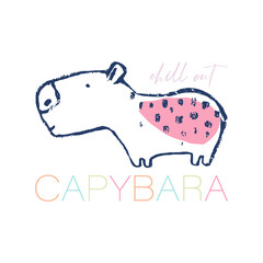 Summer capybara tropical t-shirt print. Beach vacation kids design, savannah nursery poster. Animals exotic