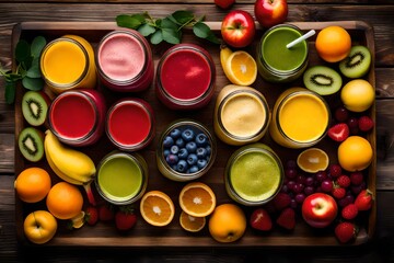 Freshly blended fruit smoothies of various colors and tastes in glass jars in rustic wooden tray. Yellow, red, green. Top view,