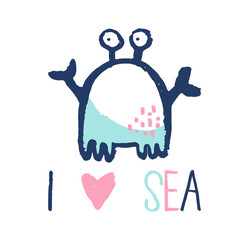 Summer sea crab t-shirt print. Hand drawn tropical ocean design. Beach vacation kids vector