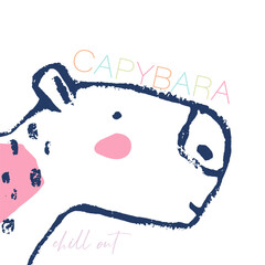 Summer capybara tropical t-shirt print. Beach vacation kids design, savannah nursery poster.
