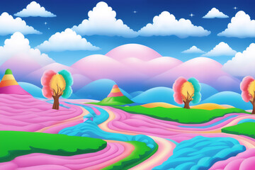 Fototapeta na wymiar A landscape of soft, sugary colors, with whimsical shapes and clouds of candy. A pastoral vision of a fantasy world, sweet and inviting. Magical, dreamy, playful concept.