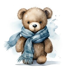 Funny watercolor teddy bear wearing a pale blue scarf illustration made with Generative AI