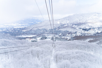 Point of view cableway moving up to snowy mountain peak ski resort. Aerial view of pine tree forest...