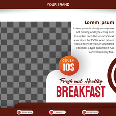 fresh and healthy breakfast square banner for social media post with copy space frame for food sale with abstract gradient white and red background design