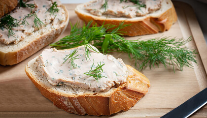 pate of smoked fish with sour cream and dill on toasted bread