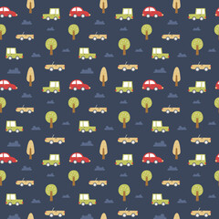 Fototapeta premium Kids seamless pattern with cars and trees for fabric, wallpaper, paper