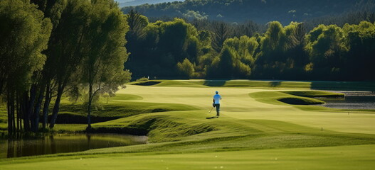 A golf course scene. Golfers walking to his shot or ball.  blurred human motion. Hand-edited Generative AI. 