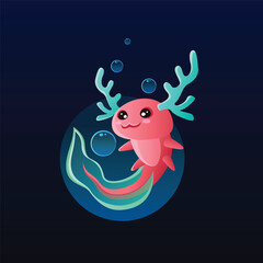 cute exolotl baby vector illustration, playful, deer antlers, bubbles