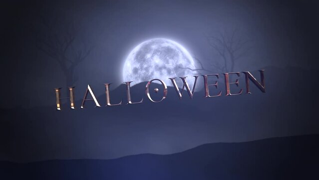 In the embrace of a silhouetted forest and bathed in moonlight, the ethereal word Halloween emerges, casting shadows and intrigue