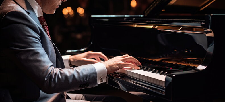 A jazz pianist playing a grand piano in a live concert or gig. A male keyboard player wearing a jacket under stage light. Hand edited generative ai.
