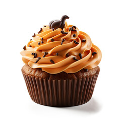 cute 3d cupcake orange pumpkin halloween on transparent background cutout, PNG file. cartoon Style
