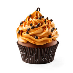cute 3d cupcake orange pumpkin halloween on transparent background cutout, PNG file. cartoon Style