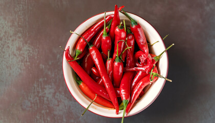 bowl of red chili peppers, top view, vertical